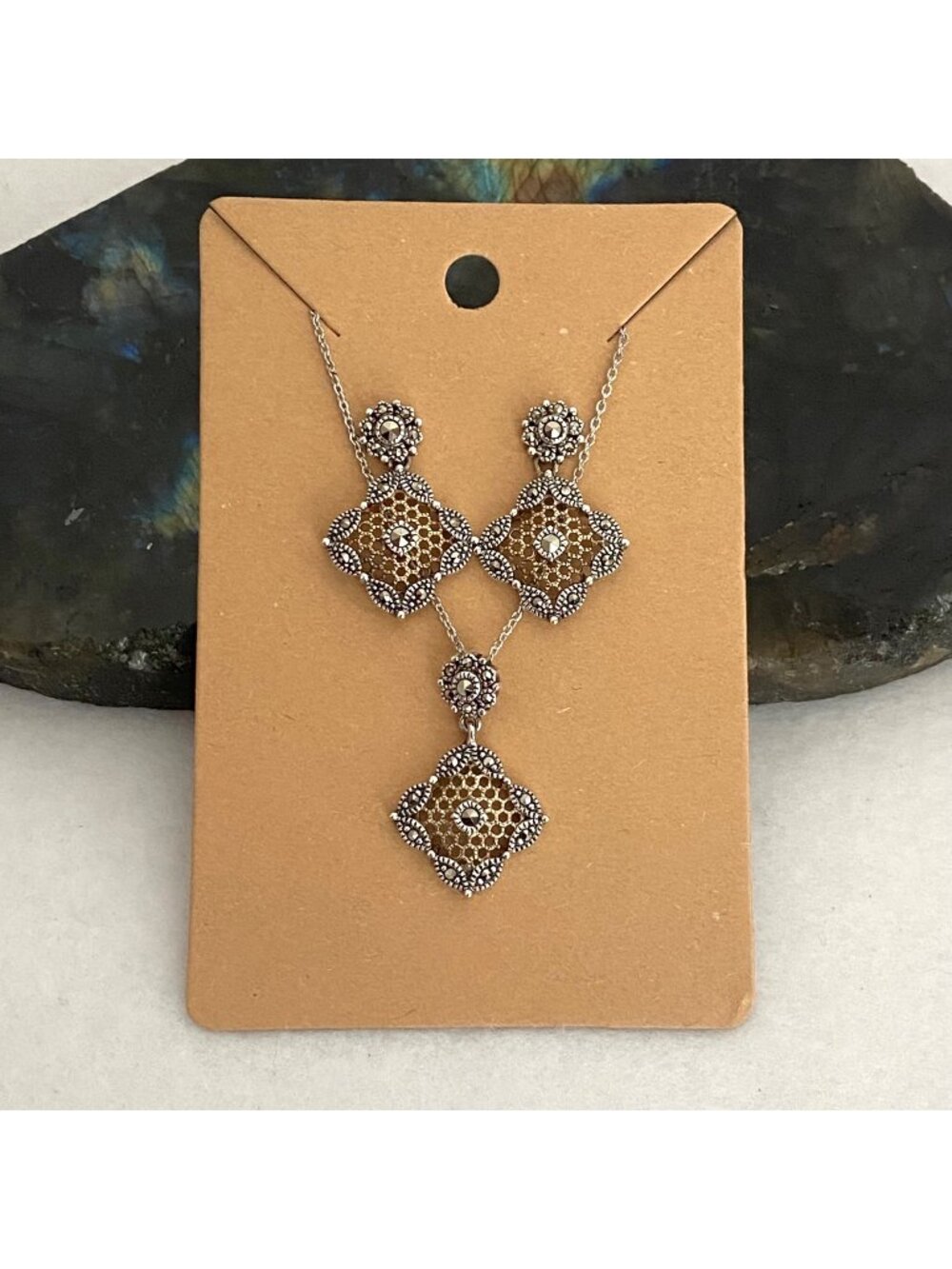 Judith Jack Sterling Silver 925 Filigree Marcasite Pendant Necklace Earring Set